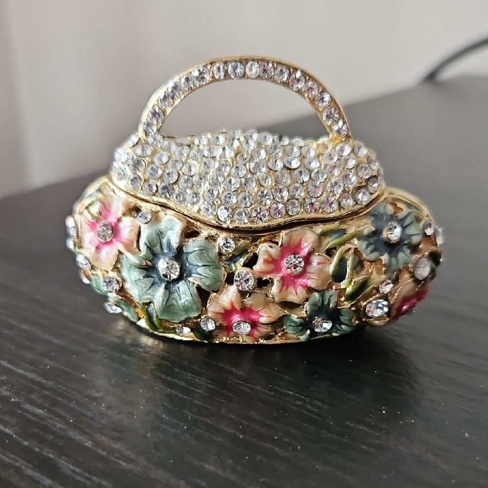 Floral Crystal Embellished Handbag Trinket Box - Vintage